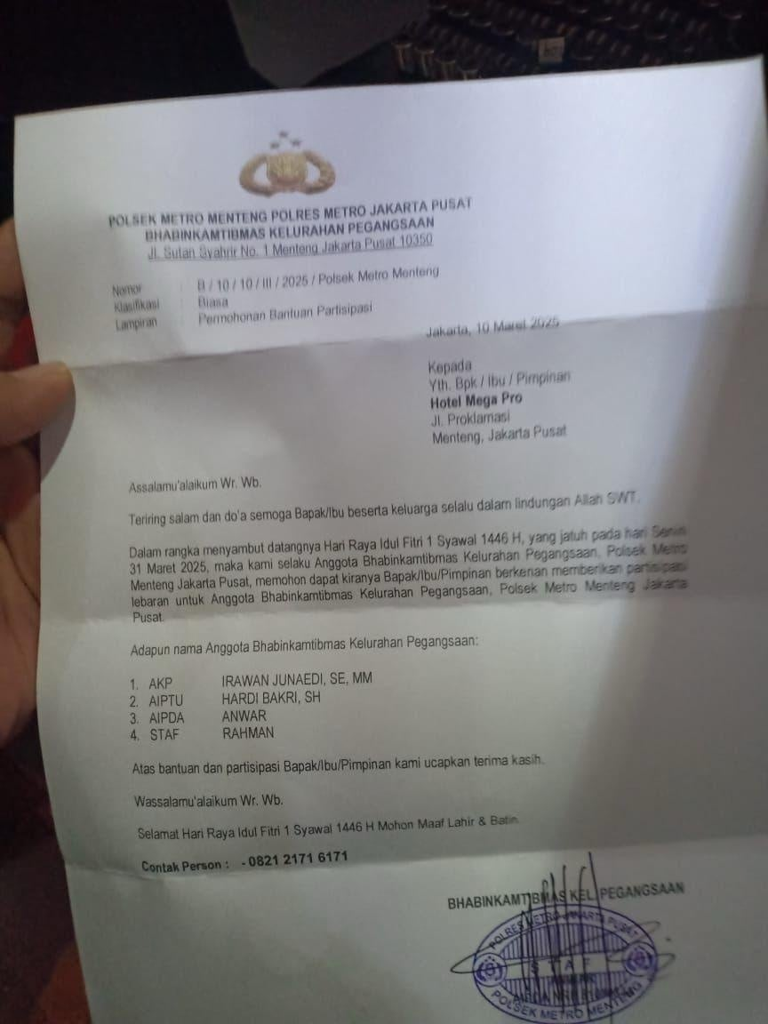 Surat edaran ilegal yang dibuat oleh oknum kepolisian dari Polsek Menteng.