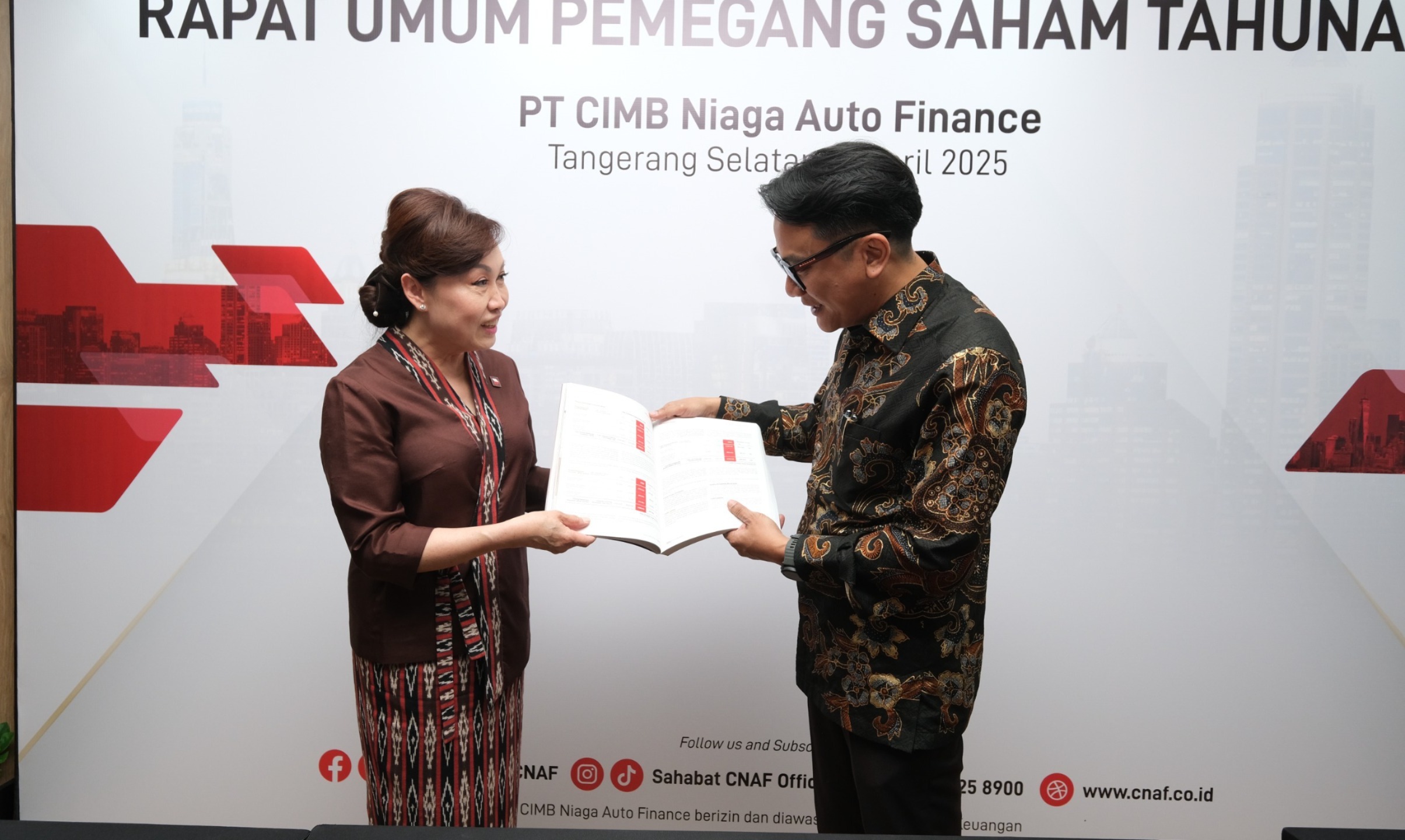PT CIMB Niaga Auto Finance (CIMB Niaga Finance atau Perseroan) menyelenggarakan Rapat Umum Pemegang Saham Tahunan (RUPST) pada tanggal 11 April 2025 di Kantor Pusat Perseroan, Tangerang Selatan.