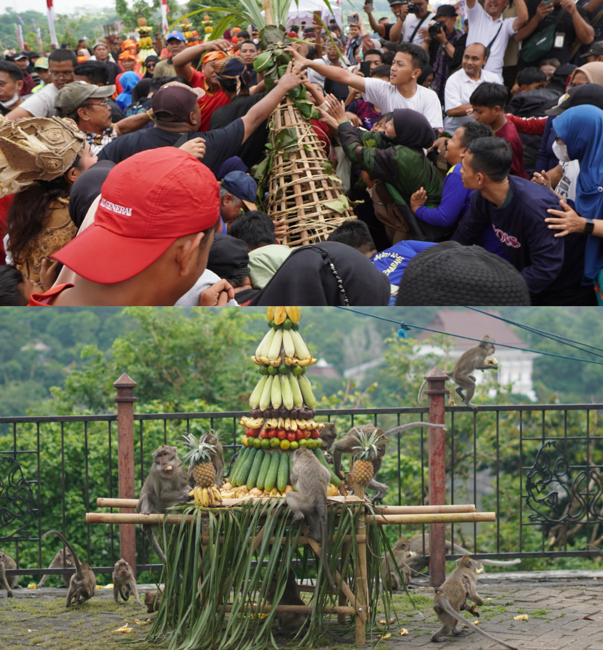 Warga berebut gunungan Sego Kethek, monyet ekor panjang Gua Kreo Semarang menyerbu gunungan buah dan sayur. (Baskoro Septiadi/Jawa Pos Radar Semarang)