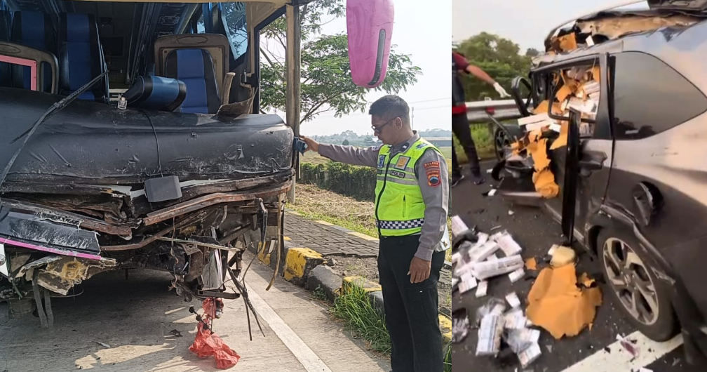 Kondisi mobil Honda BRV dan bus rombongan Bonek usai kejadian kecelakaan di ruas Tol Pemalang-Batang, Sabtu (12/4/2025).