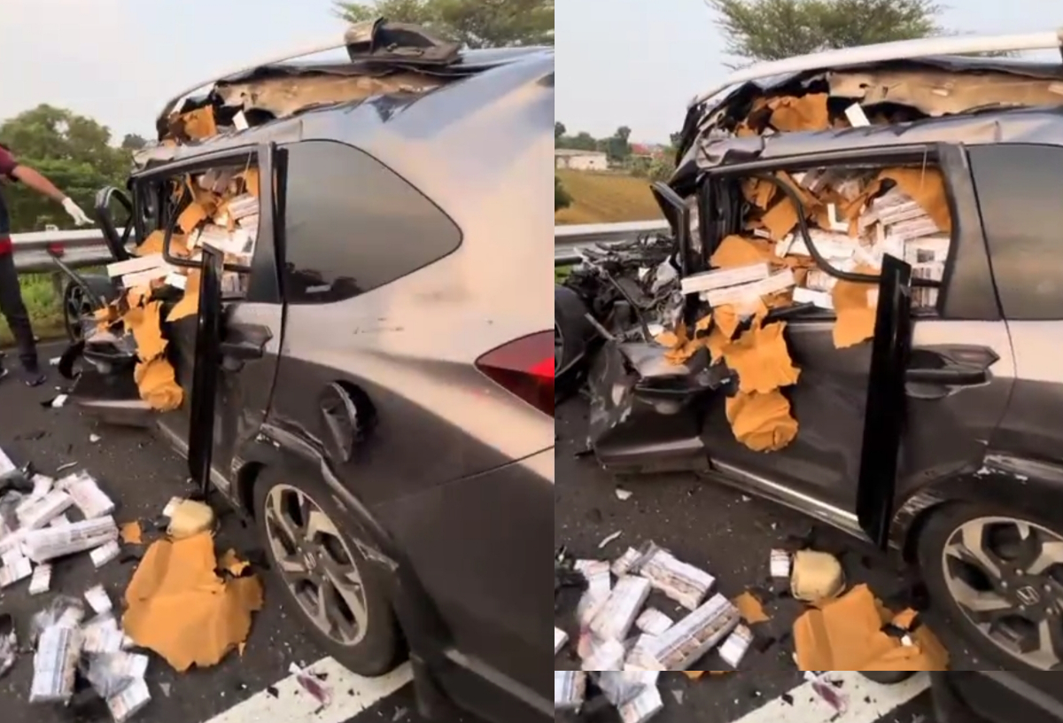 Kondisi mobil Honda BRV usai kejadian kecelakaan di ruas Tol Pemalang-Batang, Sabtu (12/4/2025).
