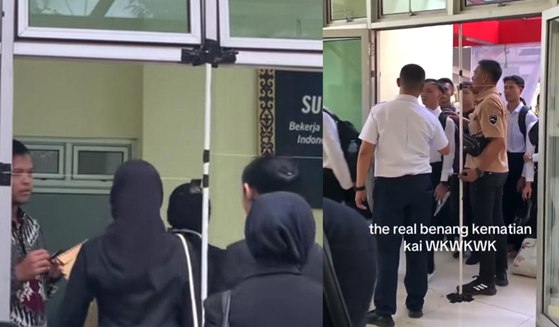 Tangkapan layar video viral Rekrutmen PT KAI saat seleksi tinggi badan pakai benang.