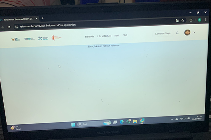 Website Rekrutmen Bersama BUMN (RBB BUMN) 2025 mengalami error pada Sabtu pagi, 26 April 2025.