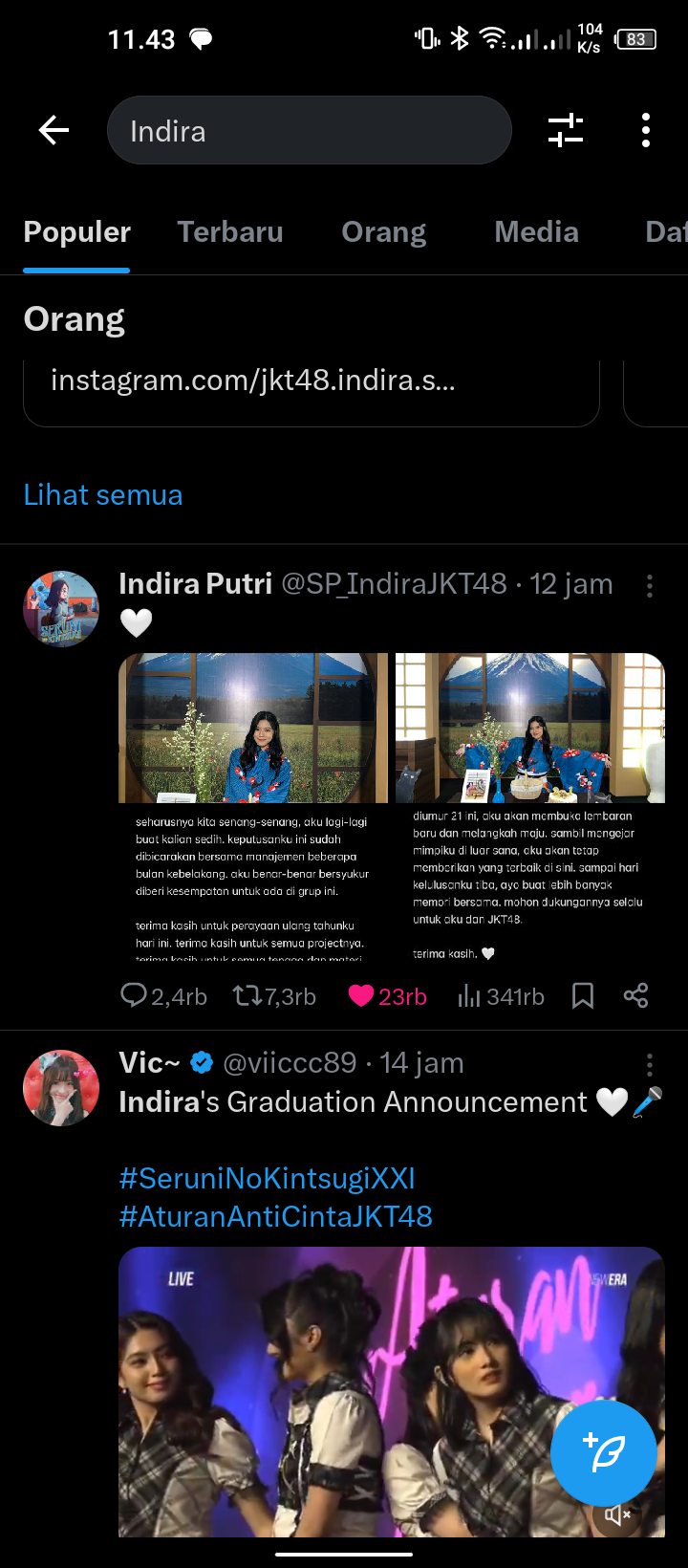 Postingan diakun X milik Indira JKT48 mengenai kelulusanya di JKT48