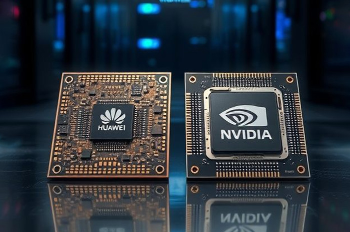 Ilustrasi Chip AI Huawei Ascend 910D  dan Nvidia H100.