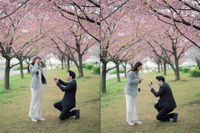 Lamaran Maxime Bouttier kepada Luna Maya di bawah pohon bunga sakura, Tokyo, Jepang.