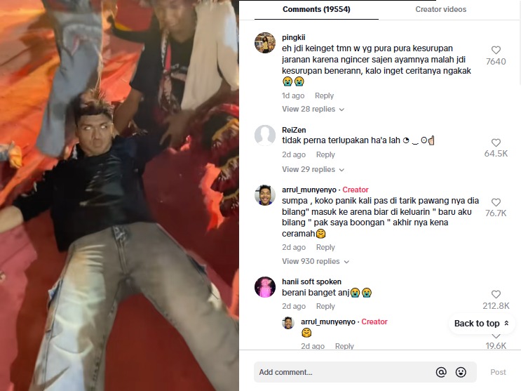 seorang pria bernama Arul, dengan akun @arrul_munyenyo, menceritakan pengalamannya pura-pura kesurupan saat mengikuti pertunjukan kuda lumping.