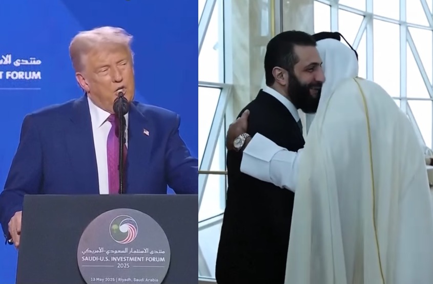 Presiden Amerika Serikat Donald Trump yang mencabut sanksi terhadap Suriah dalam pidatonya di Riyadh, Arab Saudi, pada Selasa (13/5).