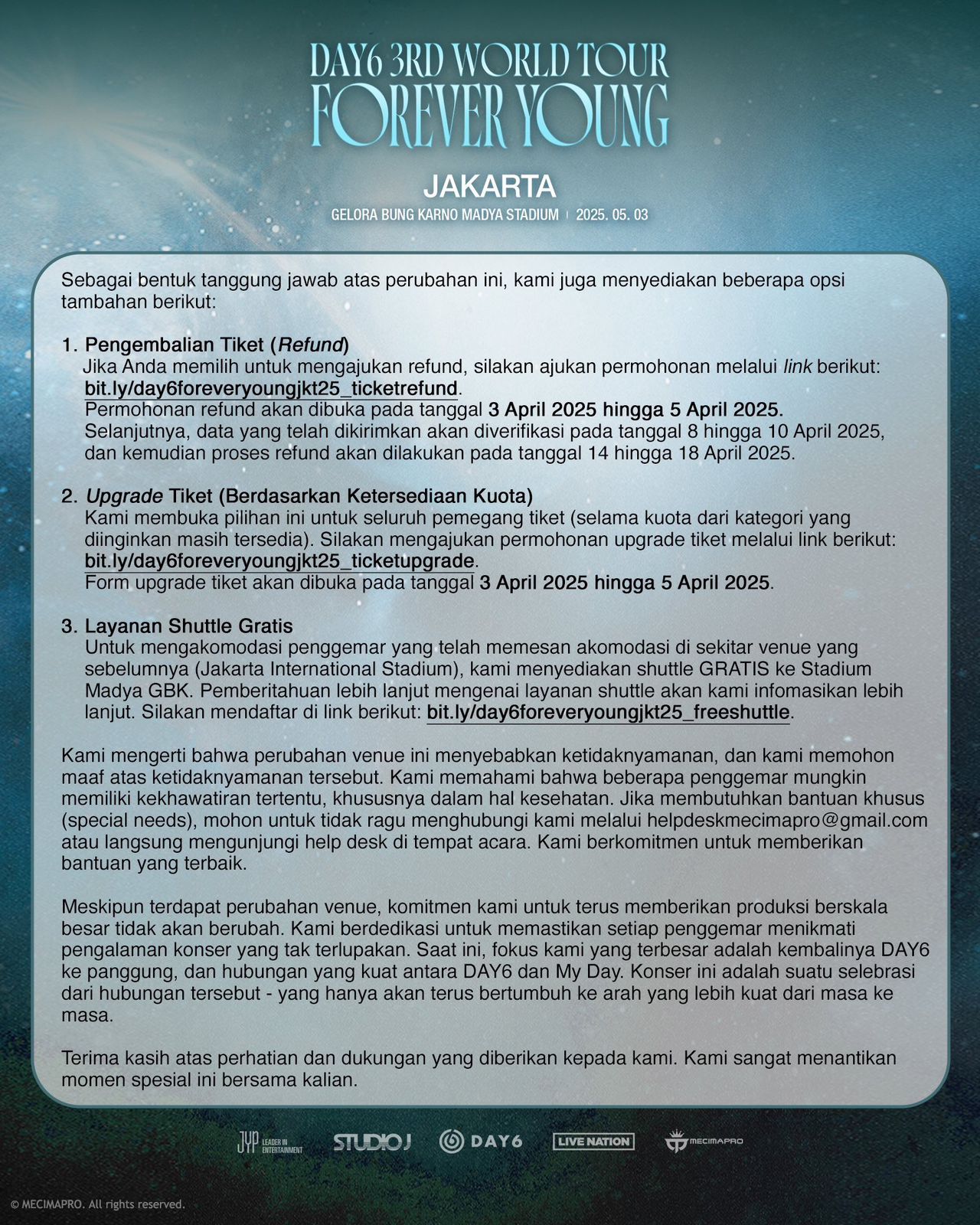 Pengumuman refund, upgrade tiket, layanan shuttle gratis DAY6