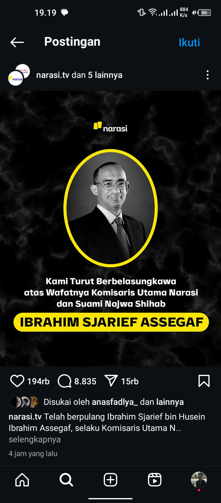 Ucapan duka cita crew Narasi atas meninggalnya suami dari Najwa Shihab