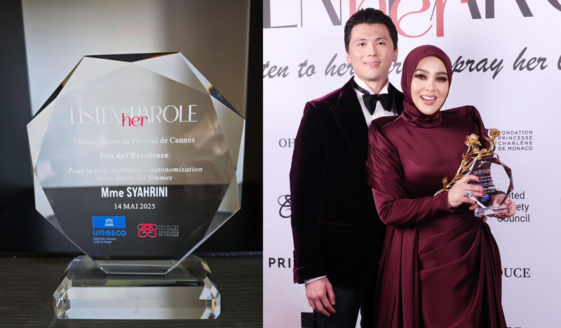Plagat penghargaan dan Syahrini beserta suami dengan penghargaan Cannes di tangannya.