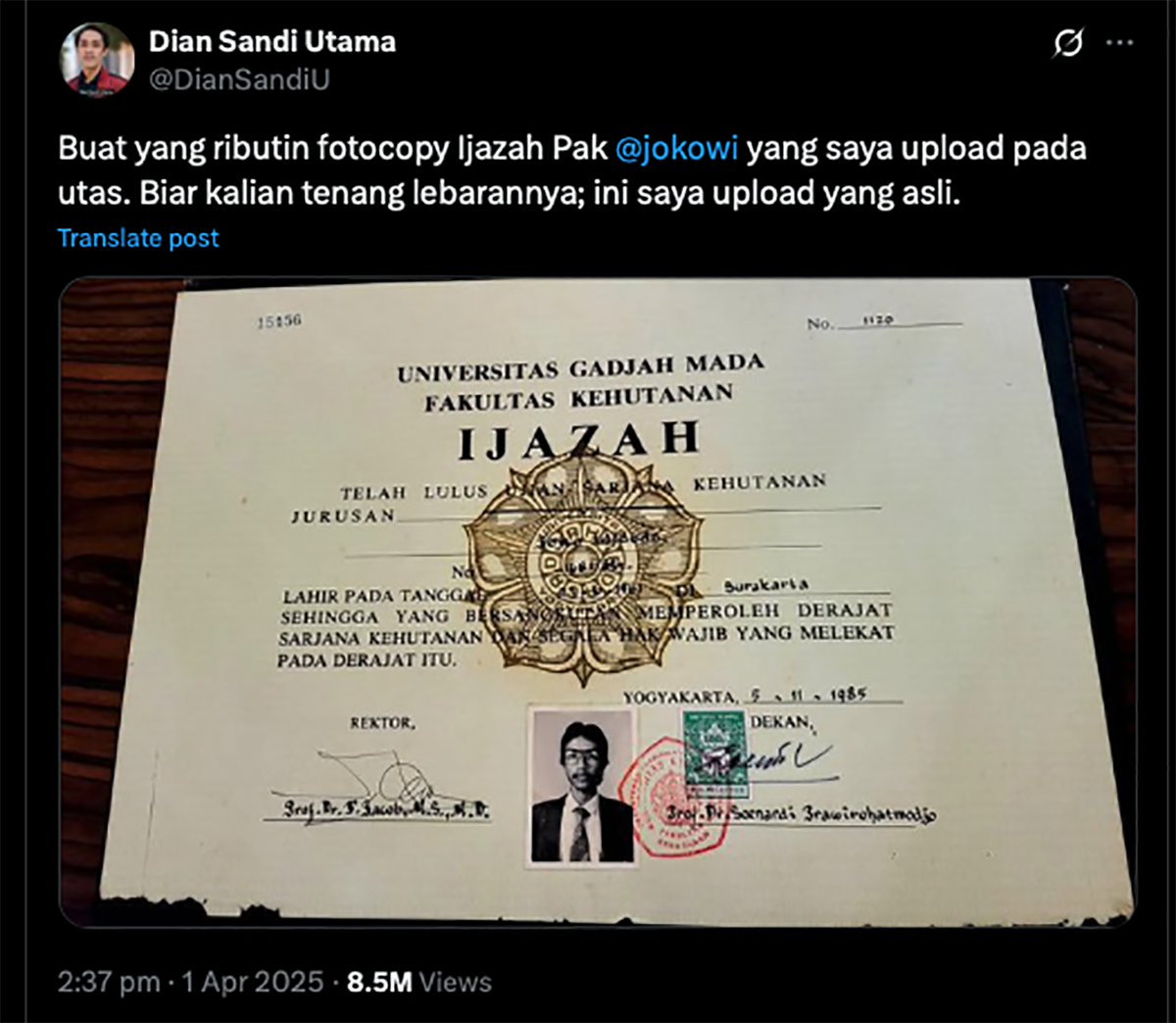 Ijazah Jokowi yang beredar di Media Sosial