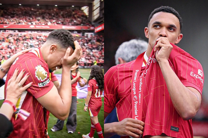 Trent Alexander-Arnold menangis dan mencium lambang Liverpool di depan ribuan pendukung di Anfield.