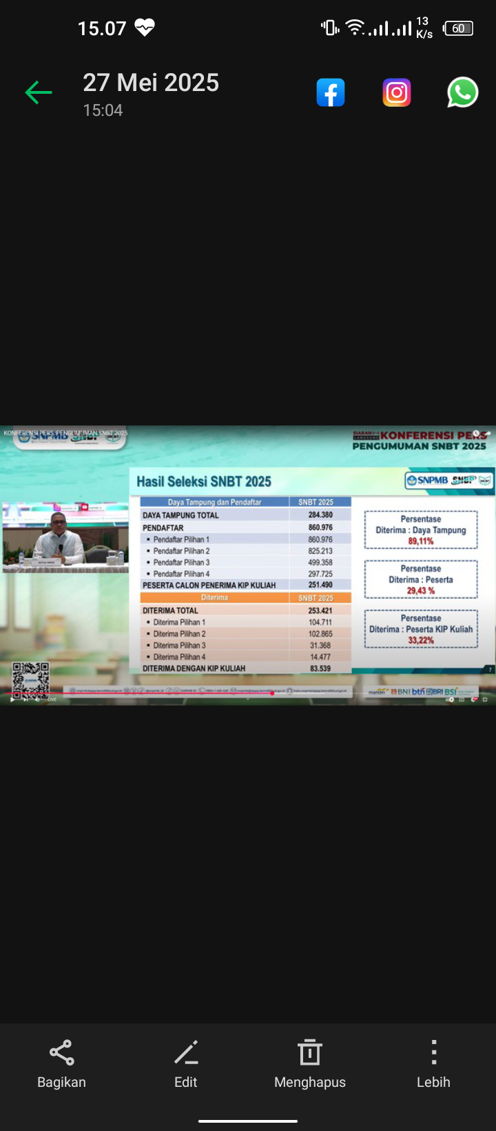 Konferensi Pers Penerimaan SNBT 2025 (tangkap layar Live YouTube SNPMB ID)