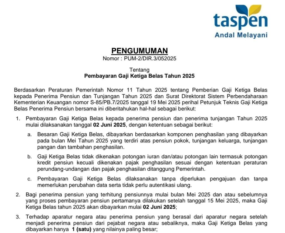 Hari Ini Gaji ke- 13 untuk Pensiunan ,PNS dan PPPK Cair, Berikut Daftar Gaji ke-13
