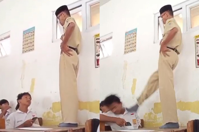 Tangkapan layar video viral guru tendang siswa di Demak.
