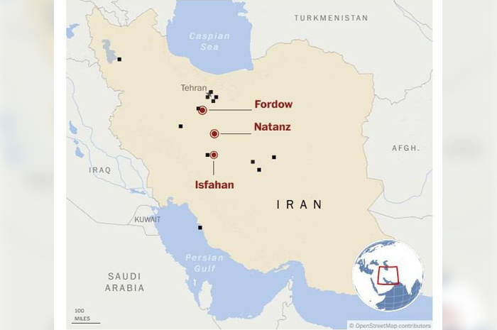 Peta Iran dengan 3 lokasi yang menjadi target serangan Amerika.