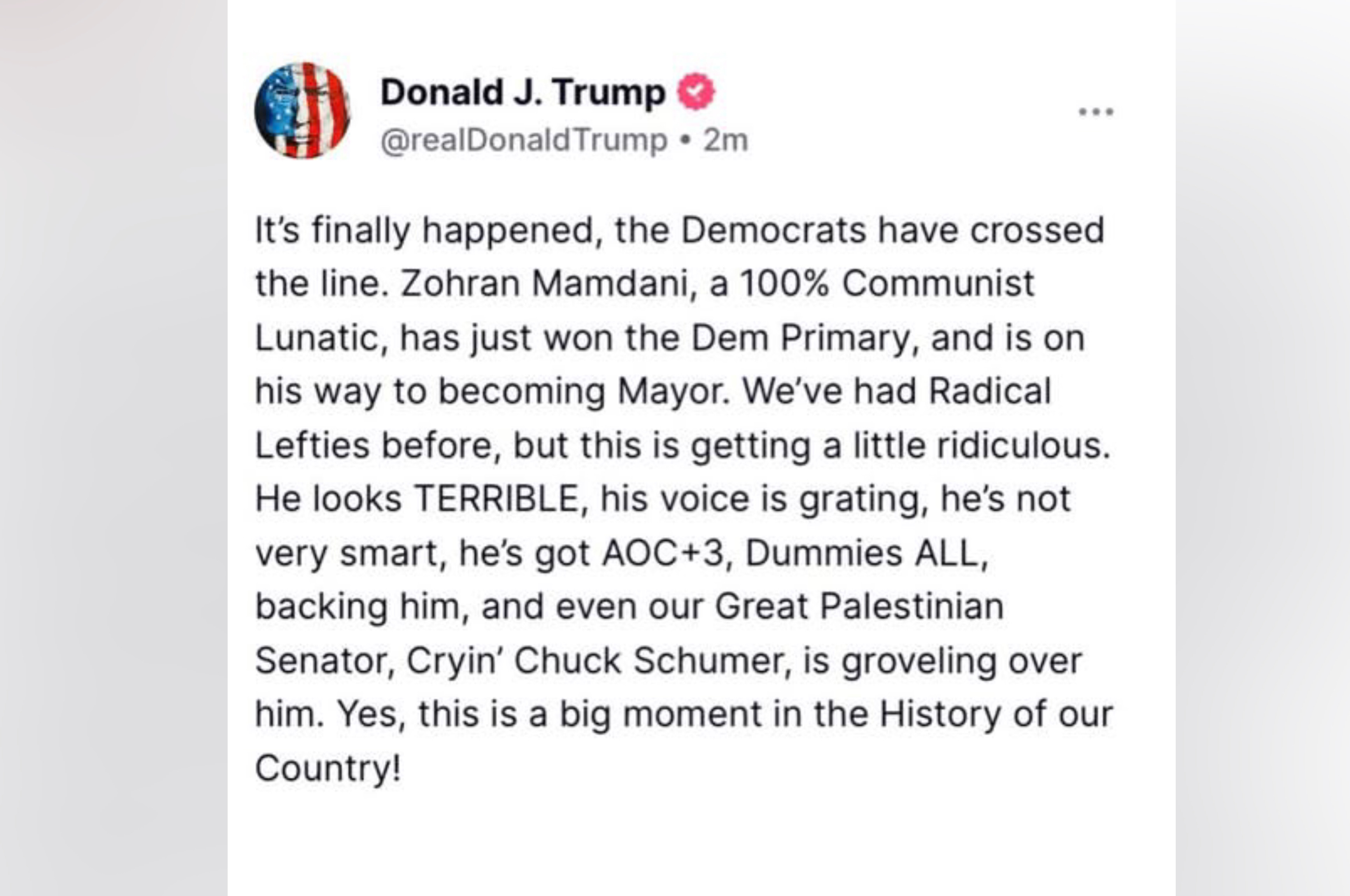 Cuitan Presiden Donald Trump yang Menyerang Zohran Mahmani