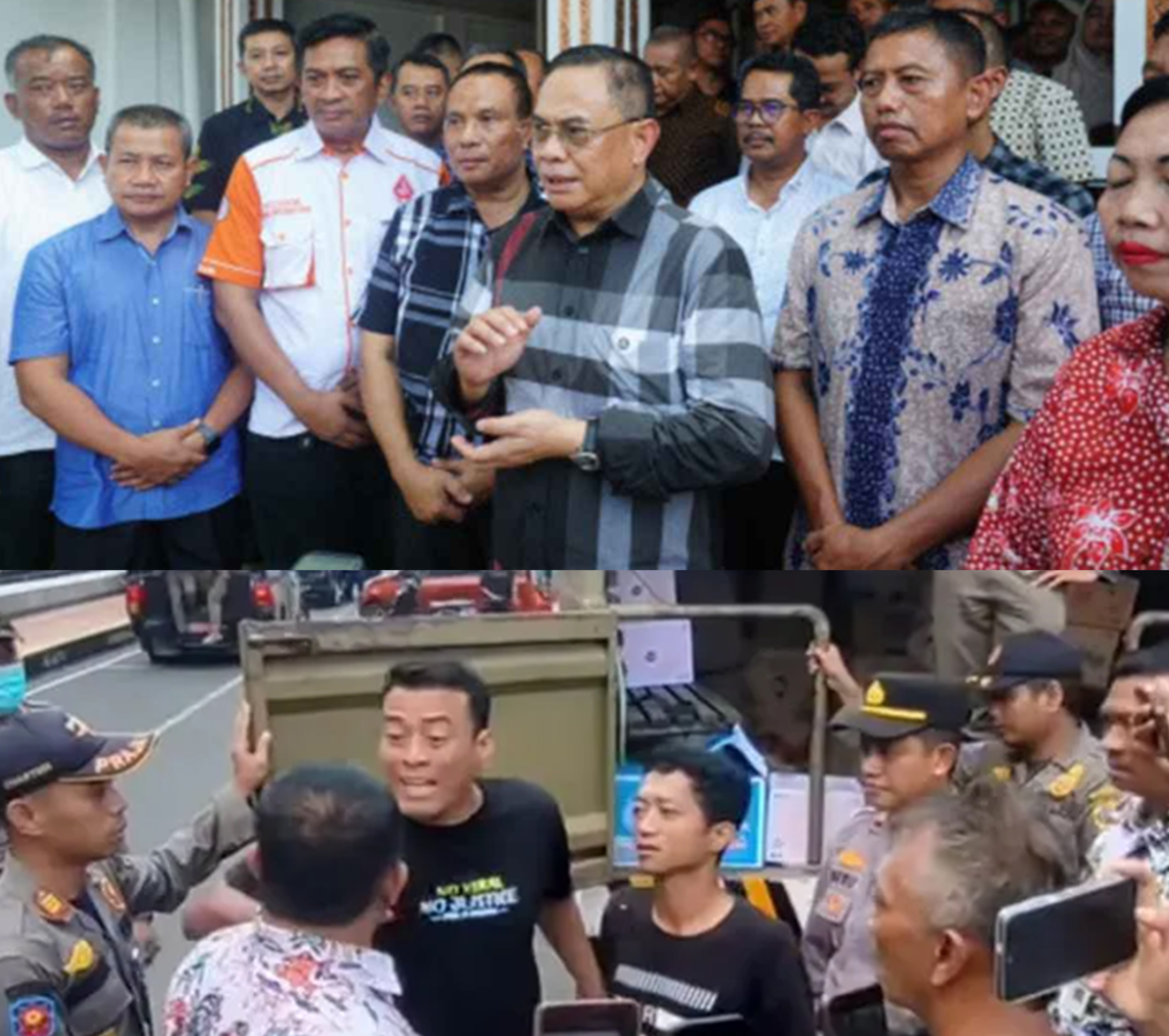 Atas : Bupati Pati Sadewo memberikan penjelasan mengenai PBB yang naik 250%. Bawah : Masyarakat menjawab tantangan Bupati Pati terkait kenaikan PBB 250%.