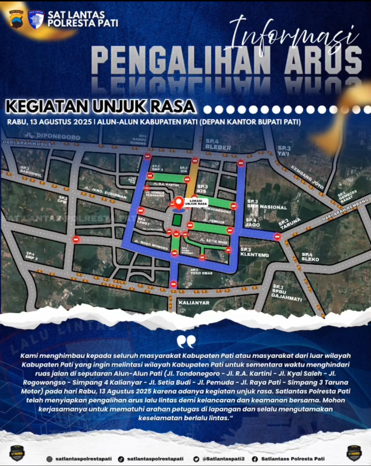 informasi pengalihan arus lalu lintas di lokasi aksi 13 Agustus