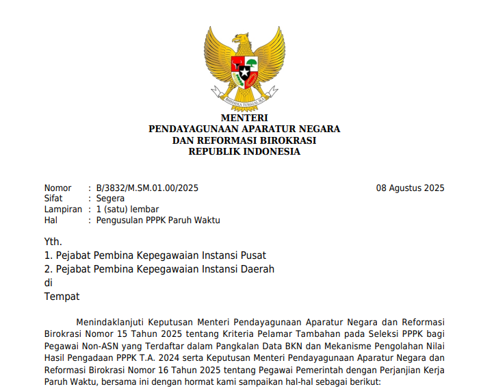 Surat bernomor B/3832/M.SM.01.00/2025 dari MenpanRB.