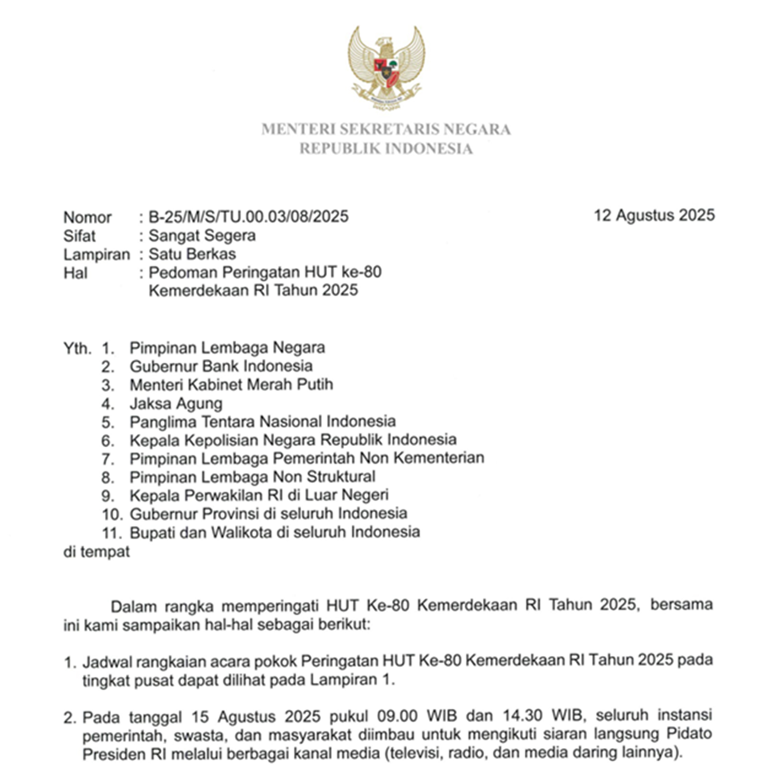 Berikut aturan yang bernomor B-25/M/S/TU.00.03/08/2025