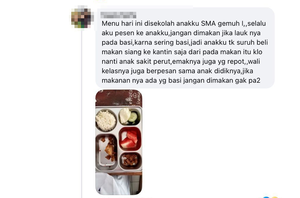 Unggahan menu MBG salah satu orang tua siswa di media sosial.