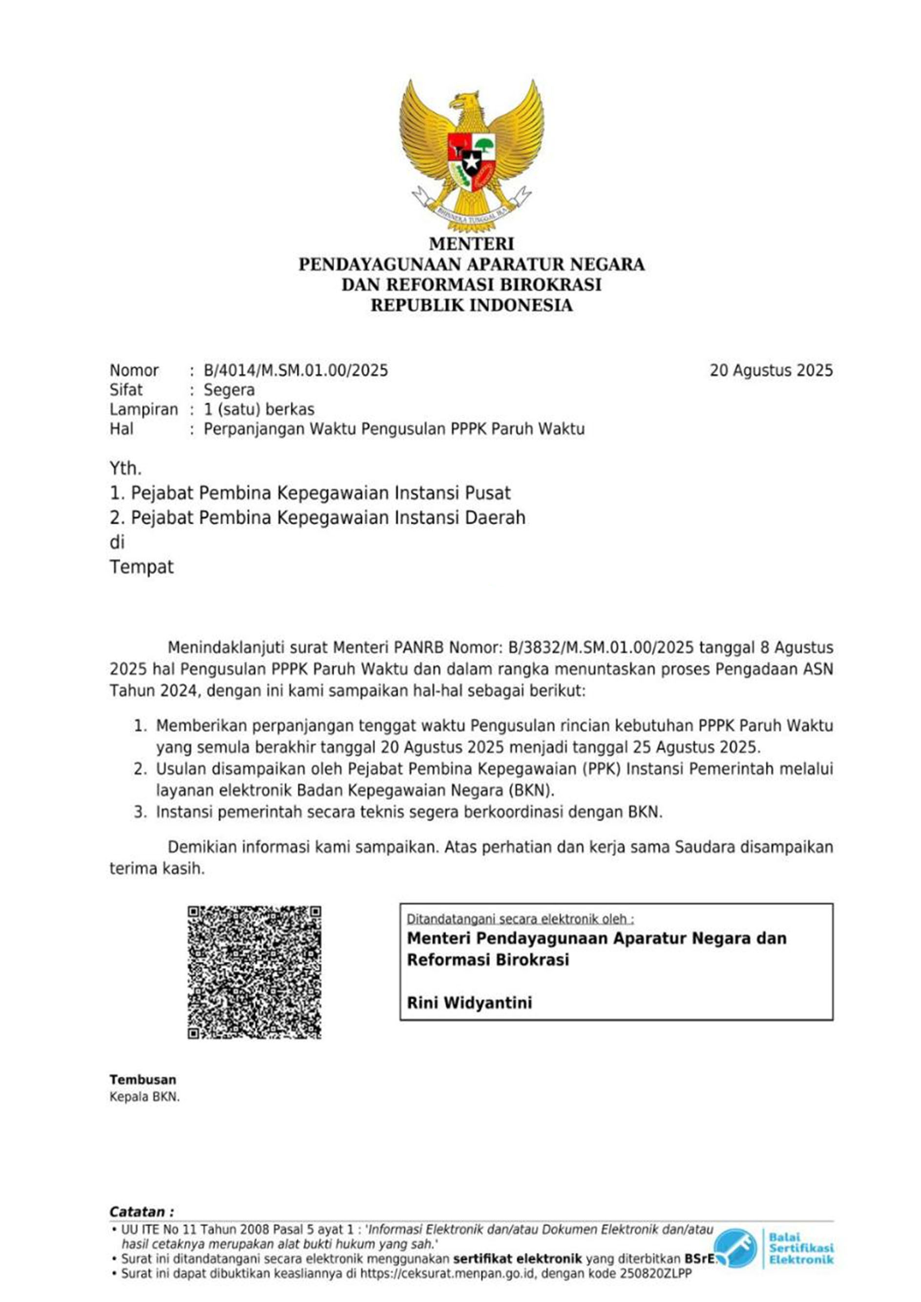Surat perpanjangan waktu pengusulan PPPK Paruh Waktu
