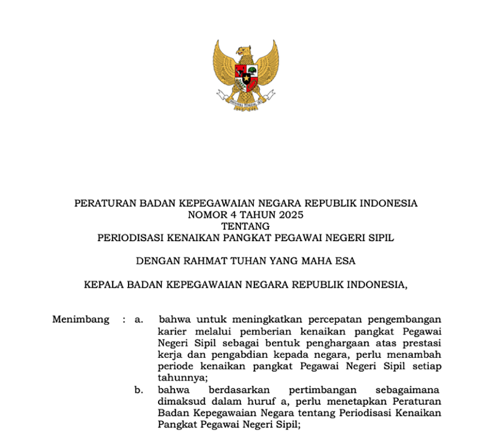 Mulai Oktober 2025 Kenaikan Pangkat PNS Setiap Bulan Sesuai Peraturan BKN Nomor 4 Tahun 2025