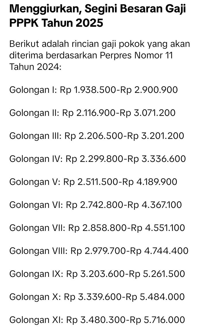 Ini daftar gaji resmi untuk PPPK Tahun 2025