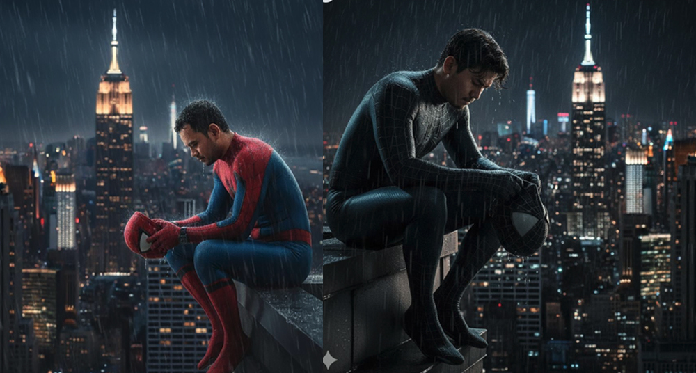 Prompt Gemini AI Cara Edit Foto Action Figure&nbsp;Jadi Spiderman Kehujanan di Atas Gedung Pencakar Langit