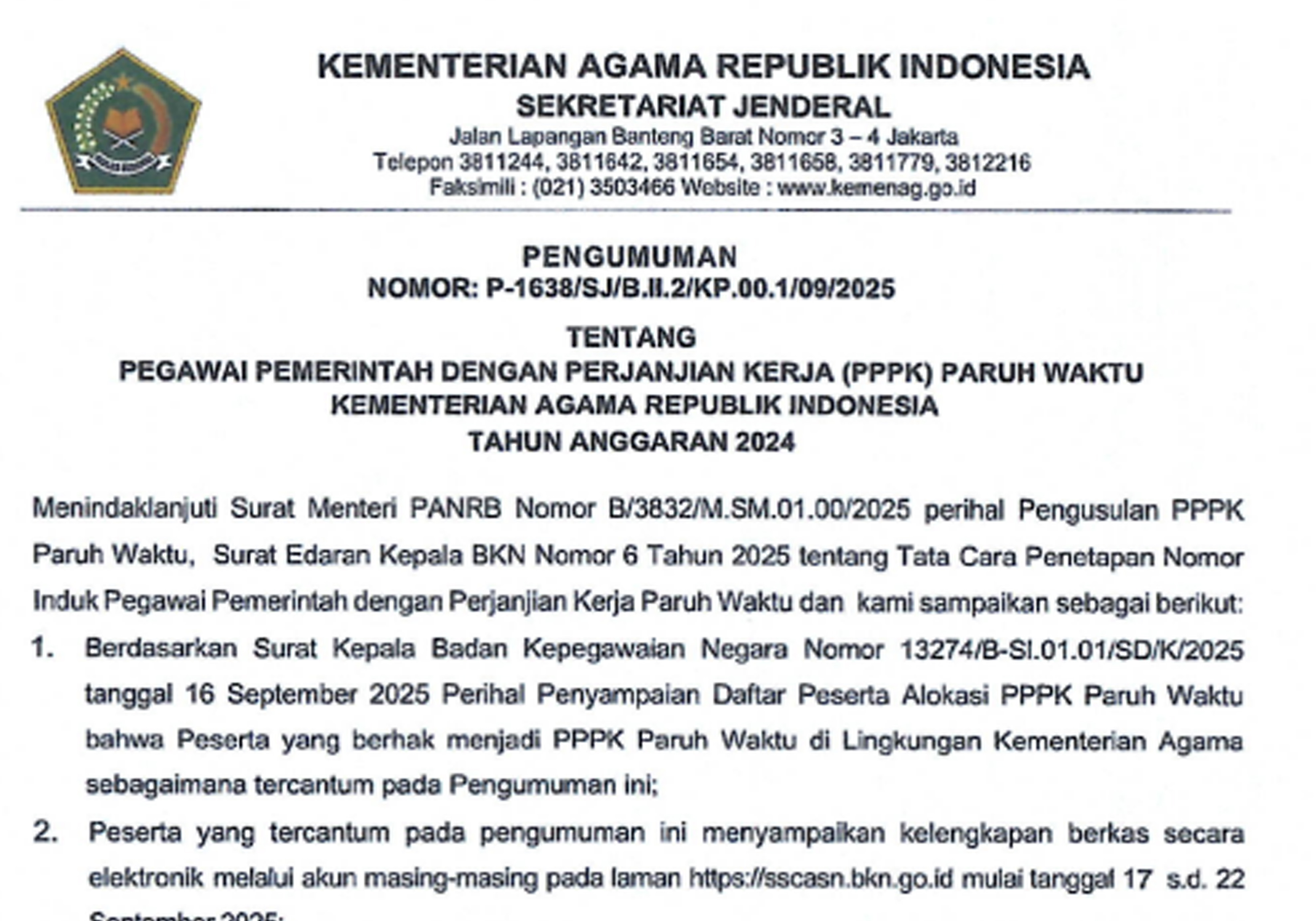 Pengumuman PPPK Paruh Waktu 2024 Kemenag