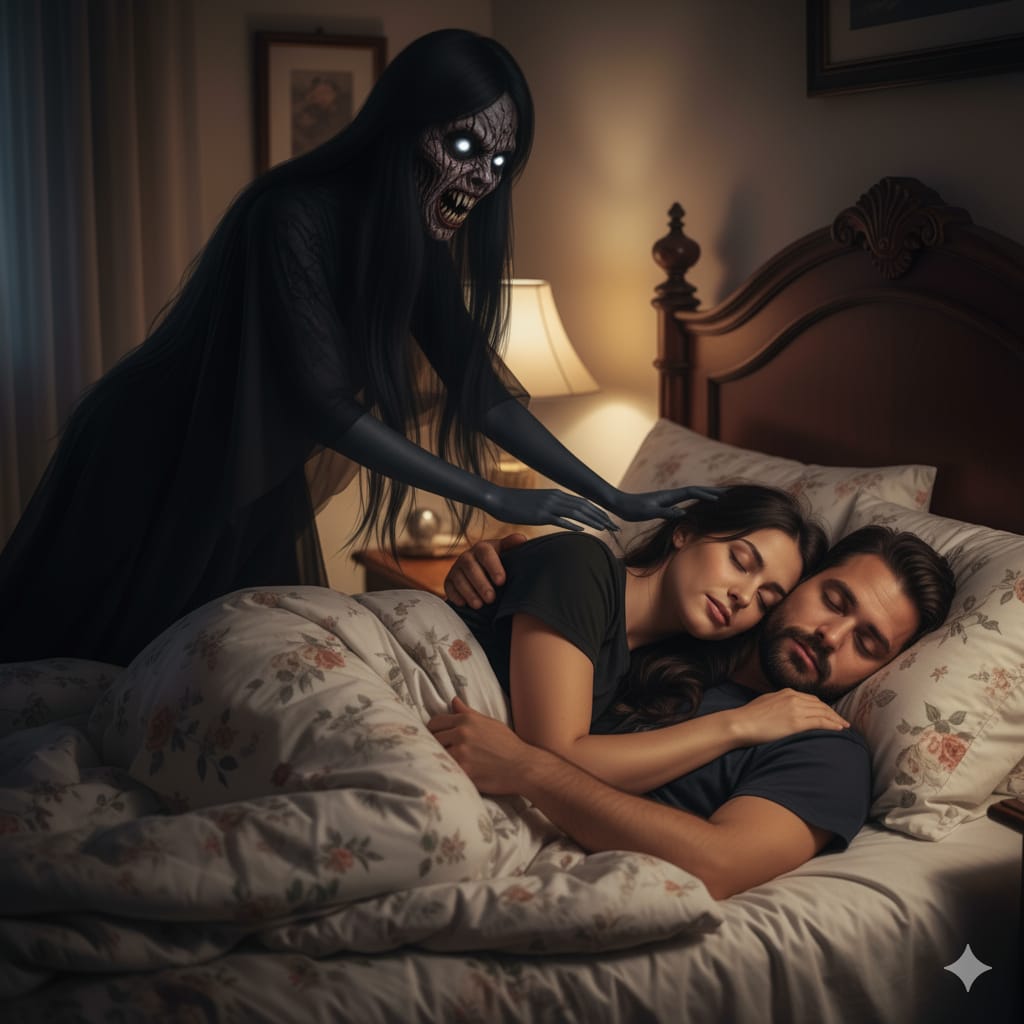 Ilustrasi hantu perempuan menggangu tamu hotel yang tengah tidur. (AI/Sulistiono)