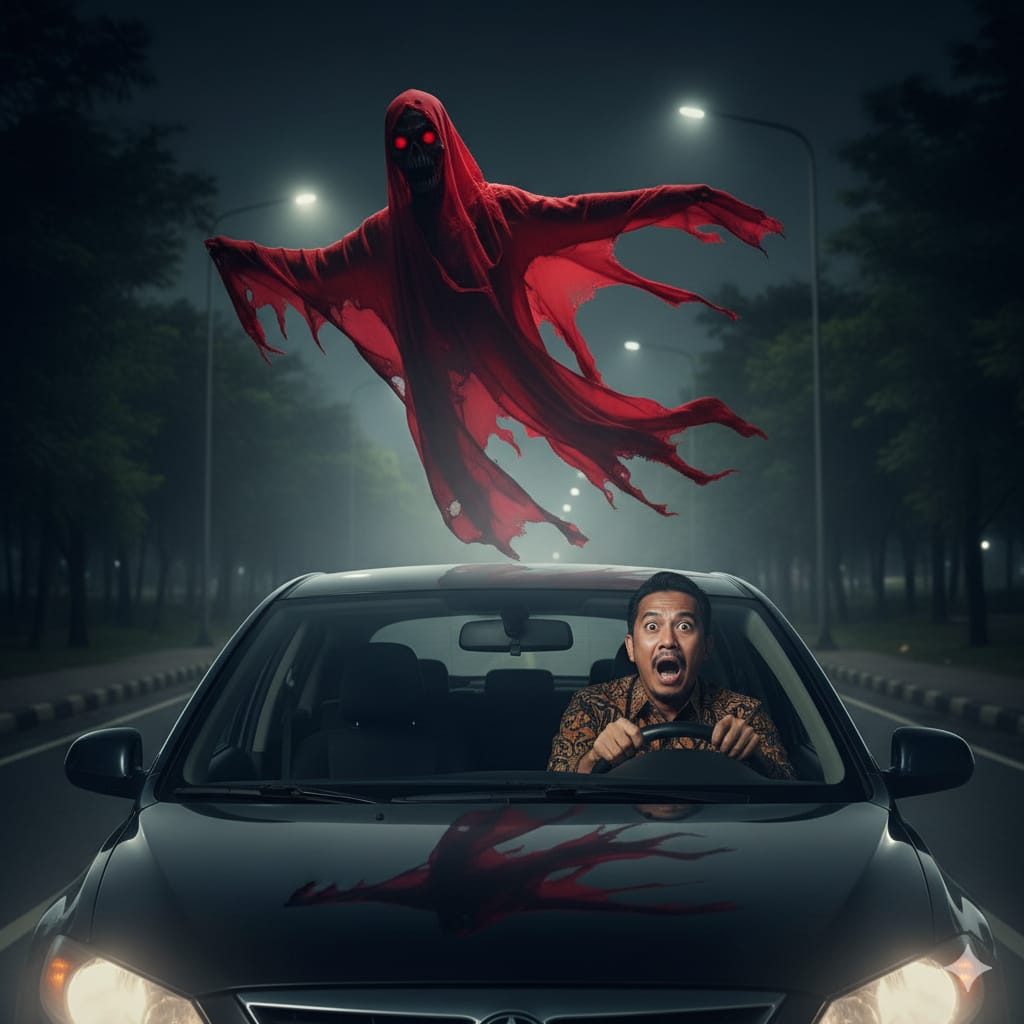 Ilustrasi pengemudi mobil ketakutan melihat penampakan makhluk astral. (ai/sulistiono)