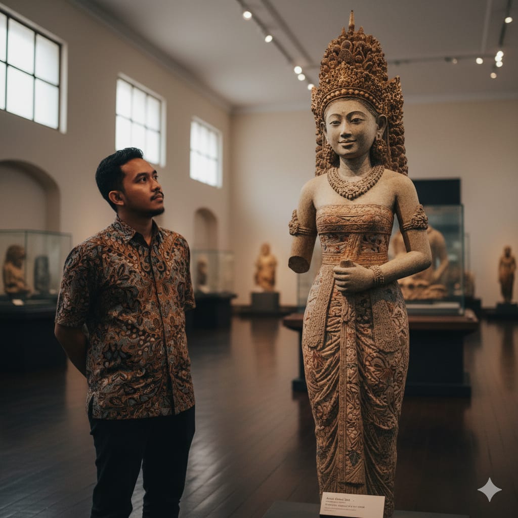 Ilustrasi seorang pengunjung museum melihat sebuah patung seolah tersenyum. (ai/sulistiono)