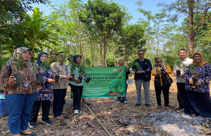 PROGRAM TJSL : PLN menggandeng Unnes memberikan bantuan untuk masyarakat beryoa bibit langka dan unggul yang tidak mengganggu penyaluran transmisi tenaga listrik.