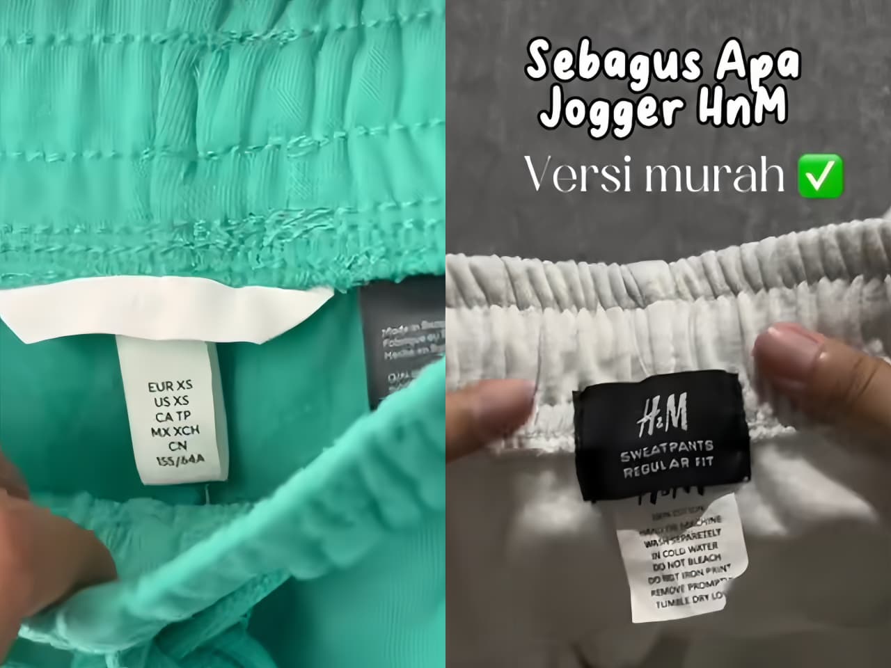 Inilah perbedaan sweatpant pada tag brand celana H&M (sumber foto: Tiktok @arnis.rsnt / @dnadayanaa)