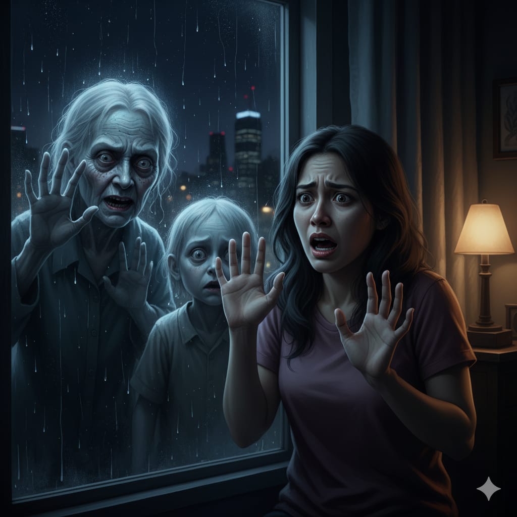 Ilustrasi penampakan hantu perempuan tua dan anak kecil dibalik kaca. (air/sulistiono)