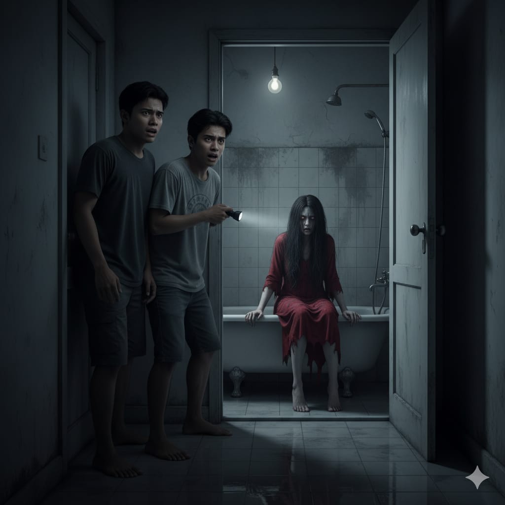 Ilustrasi dua pemuda ini ketakutan melihat sosok menyeramkan di dalam kamar mandi. (ai/Sulistiono)