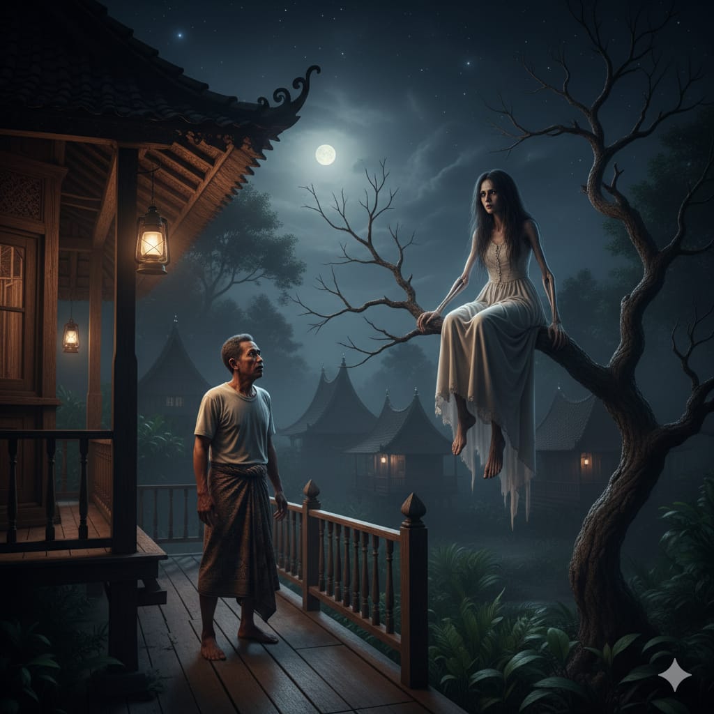 Ilustrasi penampakan hantu kuntilanak yang dilihat Surono duduk diatas pohon.(ai/Sulistiono)