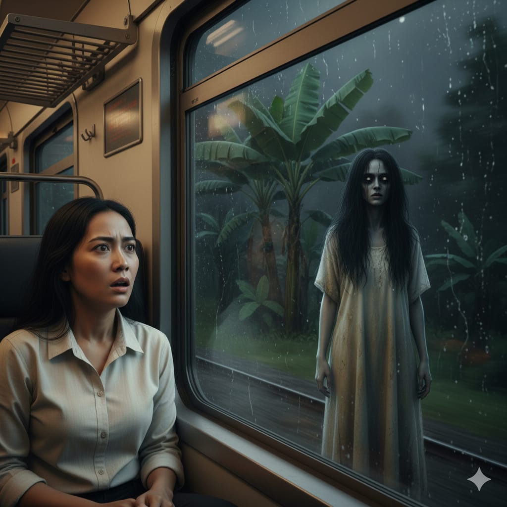 Ilustrasi penumpang kereta terkejut melihat penampakan menyeramkan diluar jendela kereta.(ai/Sulistiono)