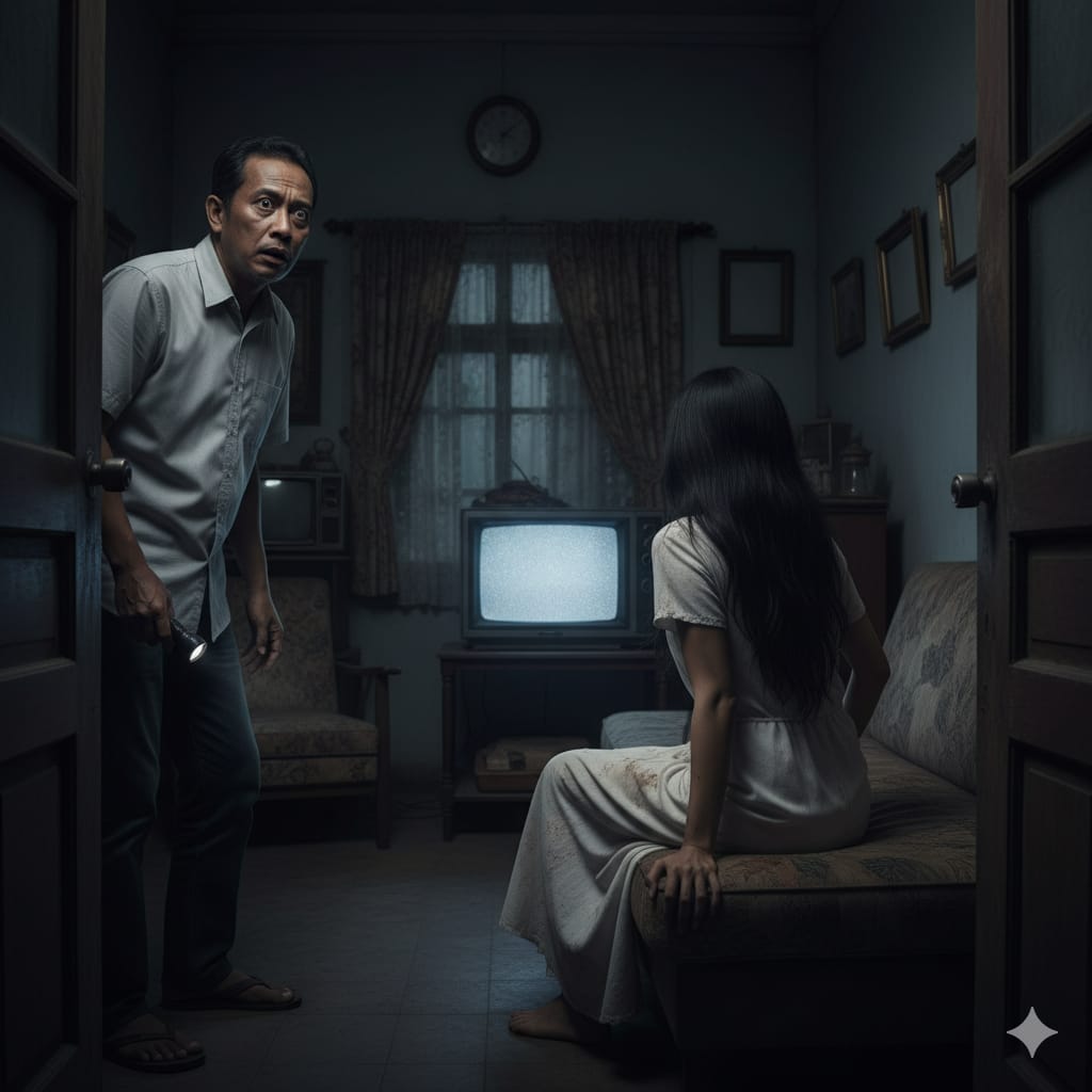 Ilustrasi seorang pria ketakutan melihat sosok perempuan menakutkan di ruang tengah. (ai/Sulistiono)