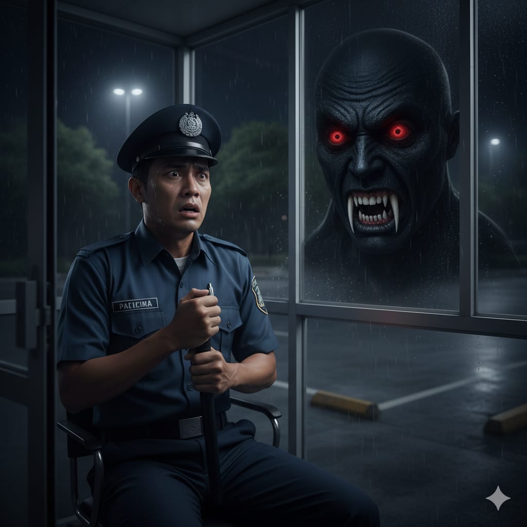 Ilustrasi Satpam ketakutan melihat sosok menyeramkan dibalik kaca pos jaga. (ai/Sulistiono)