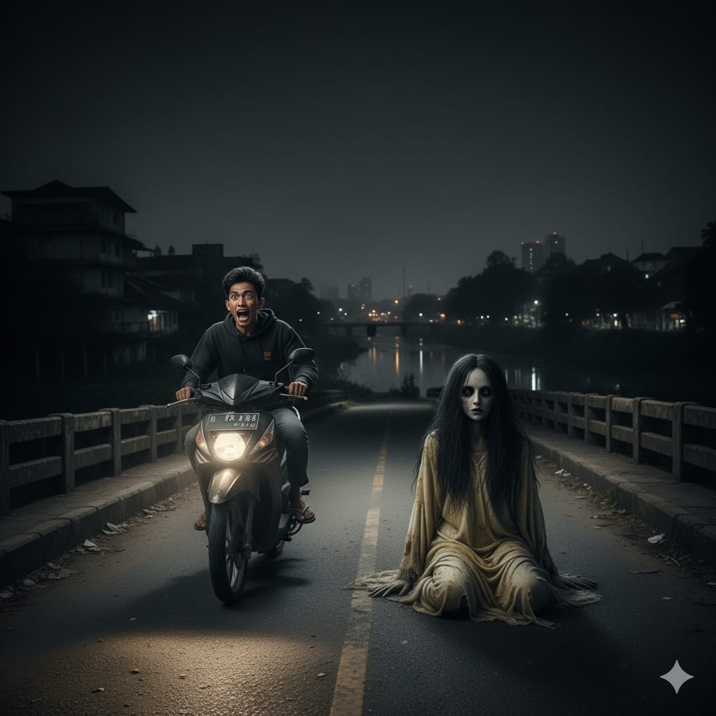 Ilustrasi Driver ojol dicegat sosok hantu kuntilanak menyeramkan diatas  jembatan. (ai/Sulistiono)