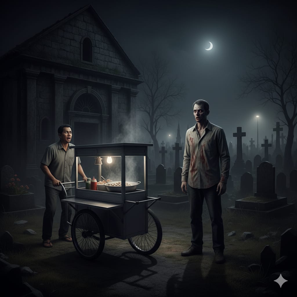 Ilustrasi pedagang bakso keliling dihadang penampakan korban pembunuhan. (ai/Sulistiono)