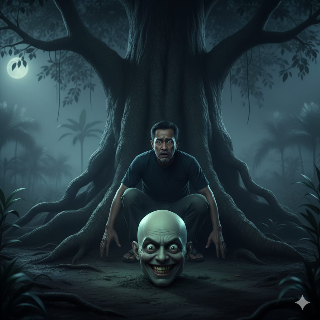 Ilustrasi penampakan gundul pecingis yang meneror pencari jangkrik. (ai/Sulistiono)