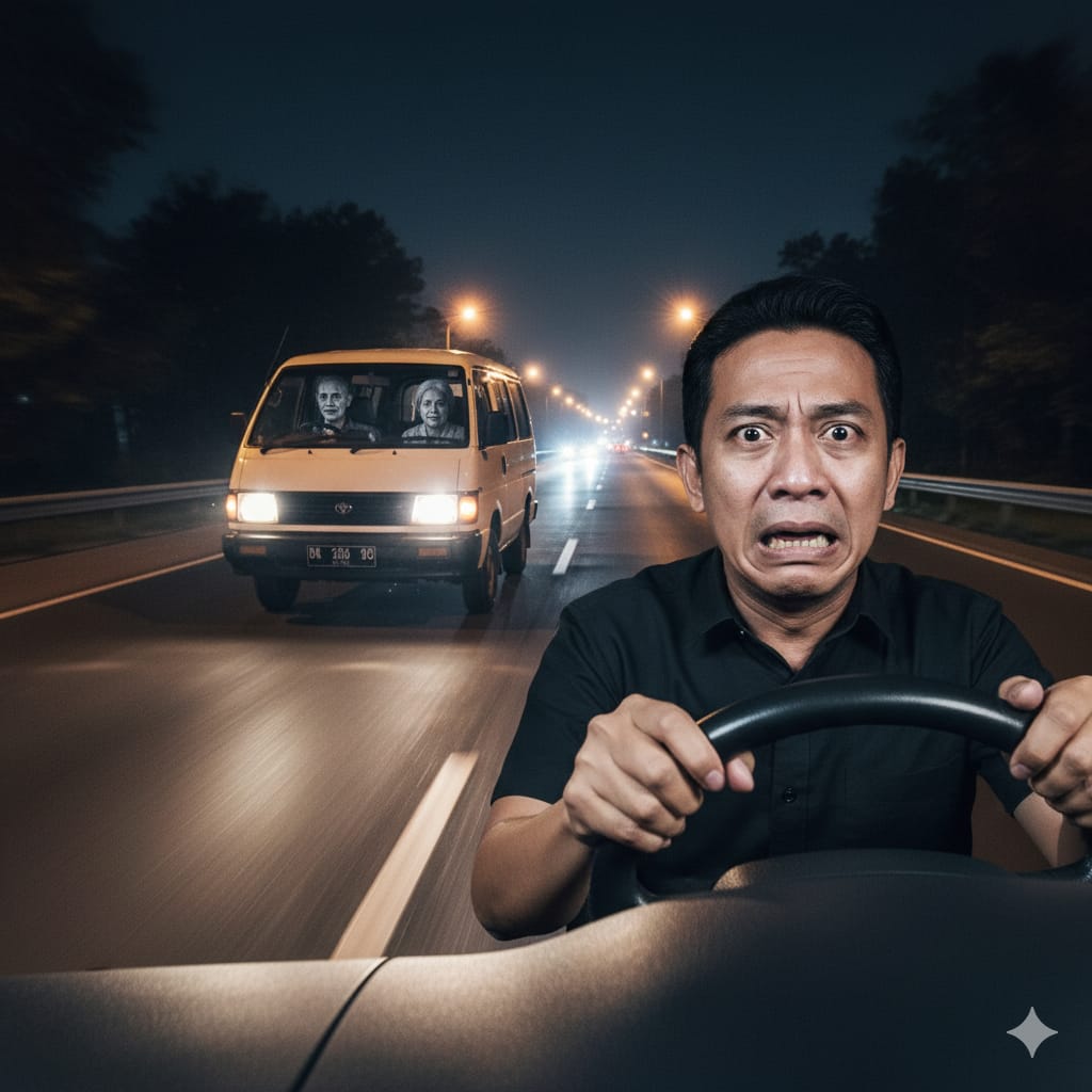 Ilustrasi pengemudi mobil shock dan kaget berpapasan dengan mobil misterius. (ai?Sulistiono)