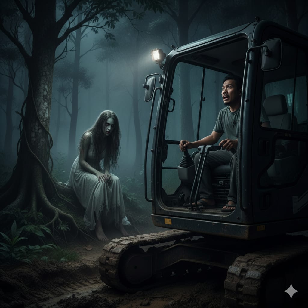 Ilustrasi pekerja proyek dihantui sosok kuntilanak. (ai/Sulistiono)