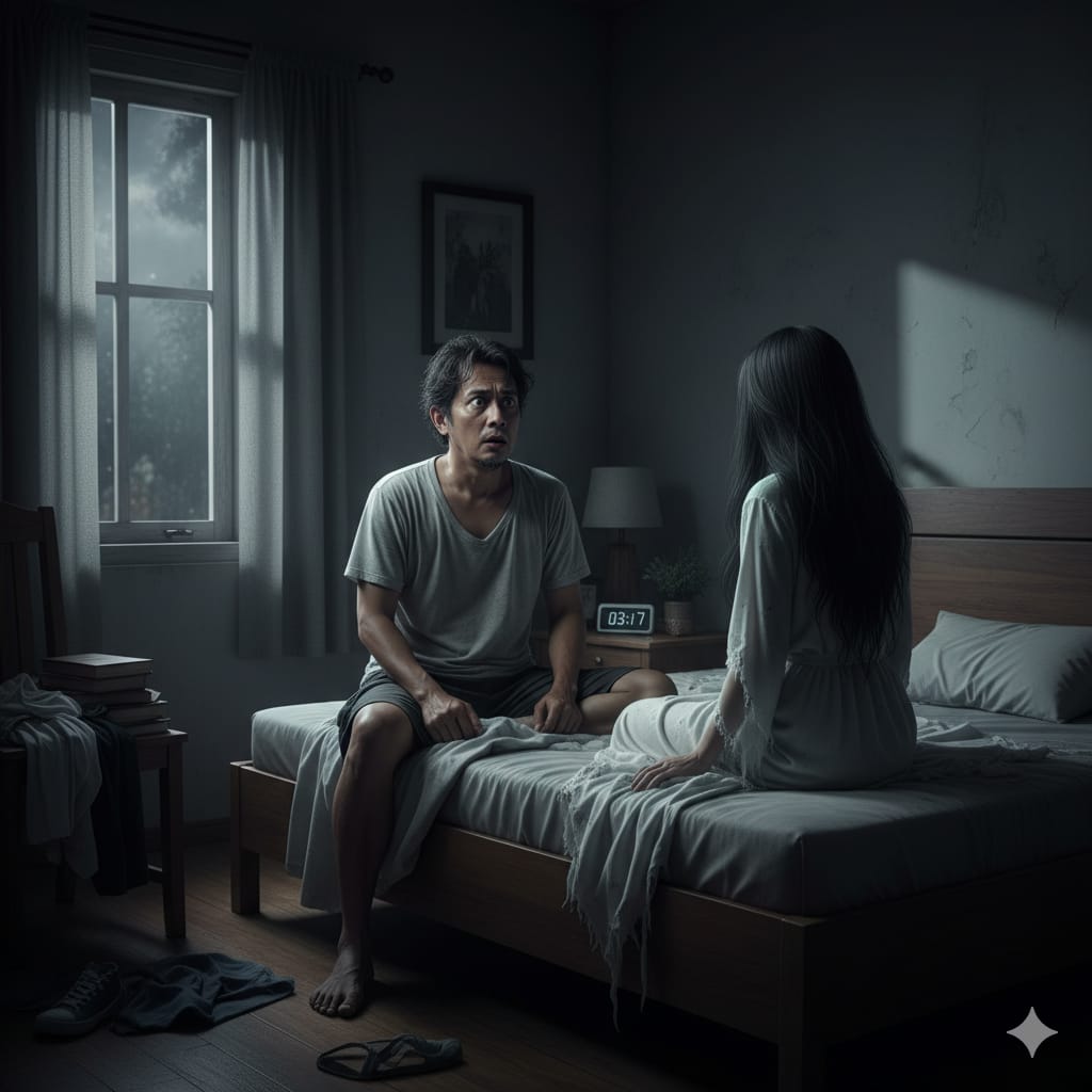 Ilustrasi penampakan hantu perempuan mengganggu tamu penginapan. (ai/Sulistiono)