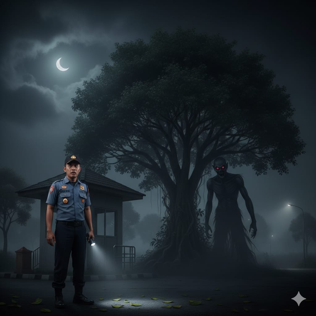 Ilustrasi Satpam kaget melihat sosok menyeramkan mirip genderuwo. (ai/Sulistiono)
